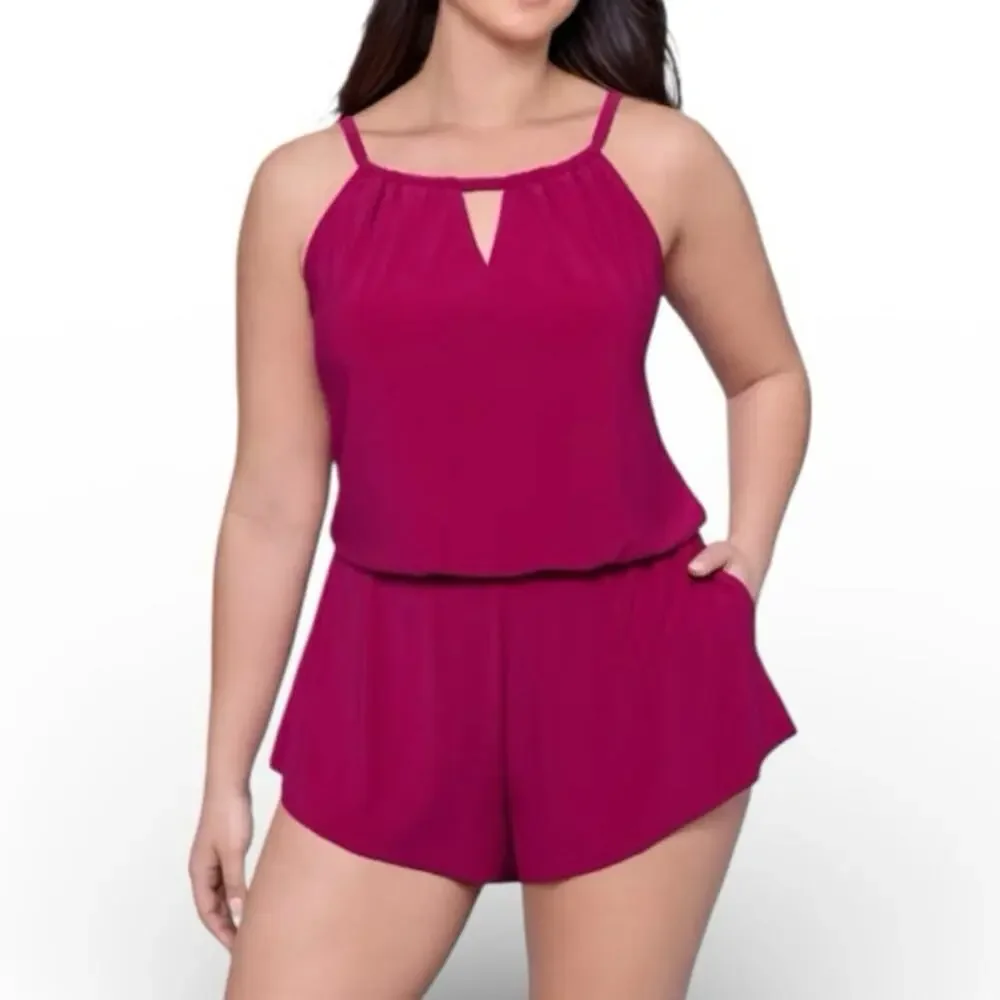NEW AQUA GREEN Pink Keyhole Blouson Romper Swimsuit Size Small Mesh Overlay